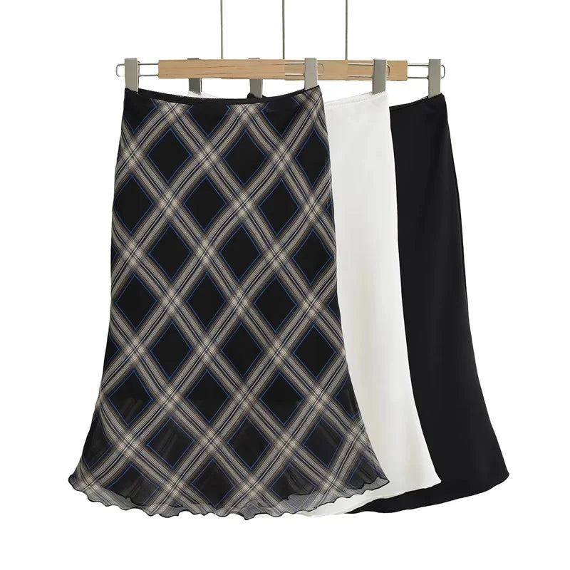 Y2K Womens Plaid Lettuce-Edge Mesh Mini Skirt