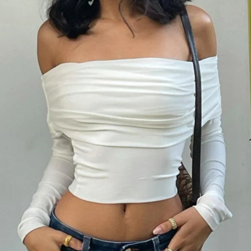 Y2K Womens Ruched Off Shoulder Long Sleeve Slim Crop Top