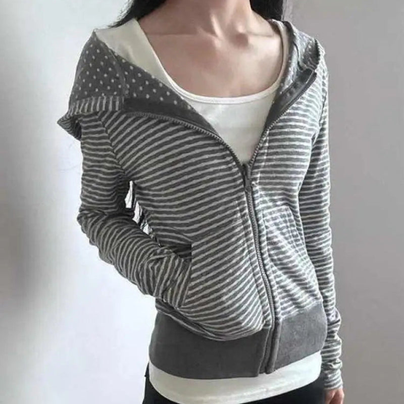 Y2K Womens Striped Grey Zip Up Hoodie
