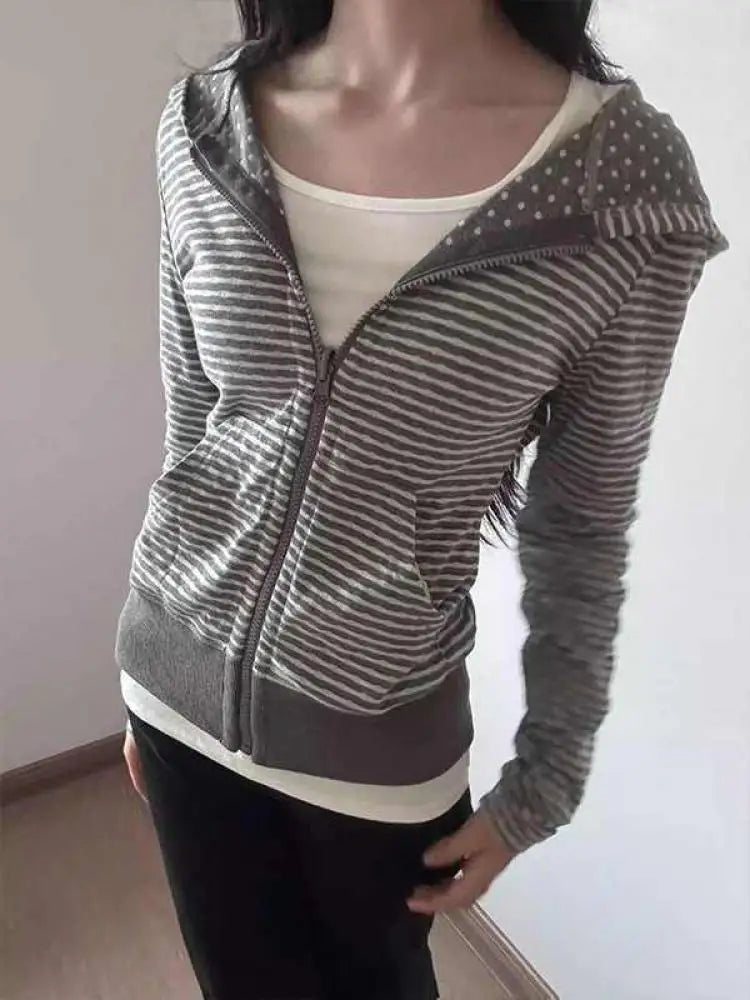 Y2K Womens Striped Grey Zip Up Hoodie