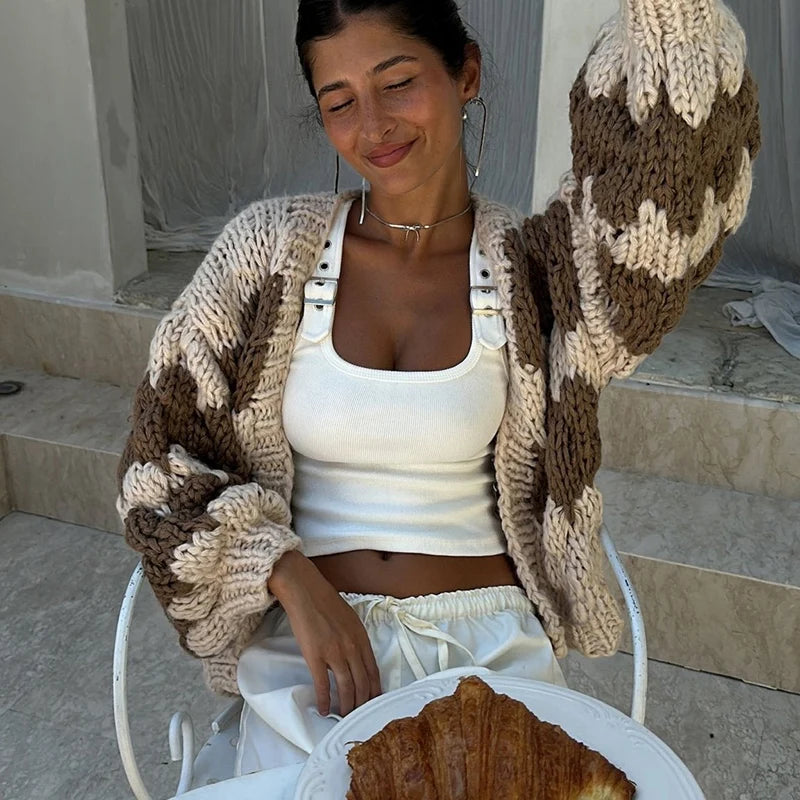 Y2K Womens Striped Lantern Sleeves Cardigan