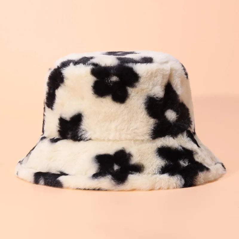 Y2K fluffy Cow Print Bucket Hat