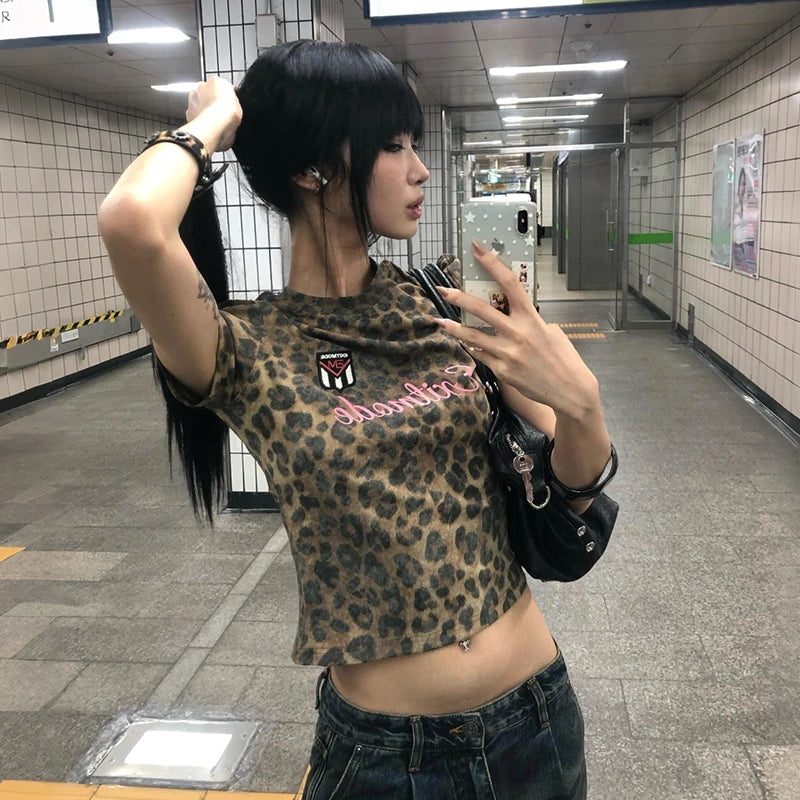 Y2K 2000s Leopard Print Pink Letter Crop Baby Tee