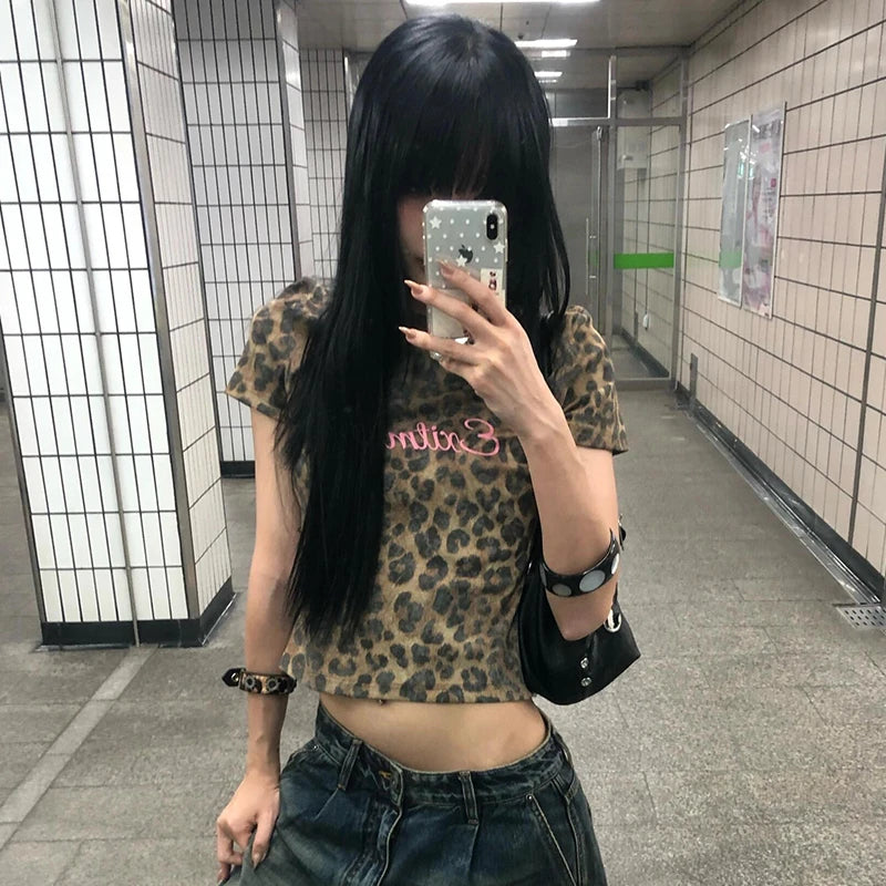 Y2K 2000s Leopard Print Pink Letter Crop Baby Tee