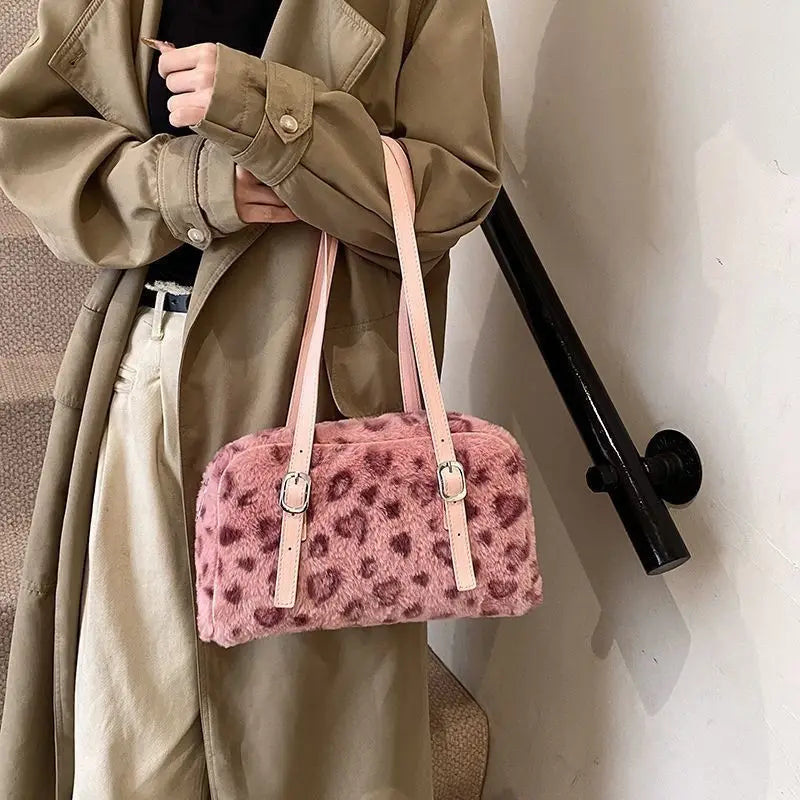 Y2K Furry Pink Leopard Print Plush Shoulder Handbag