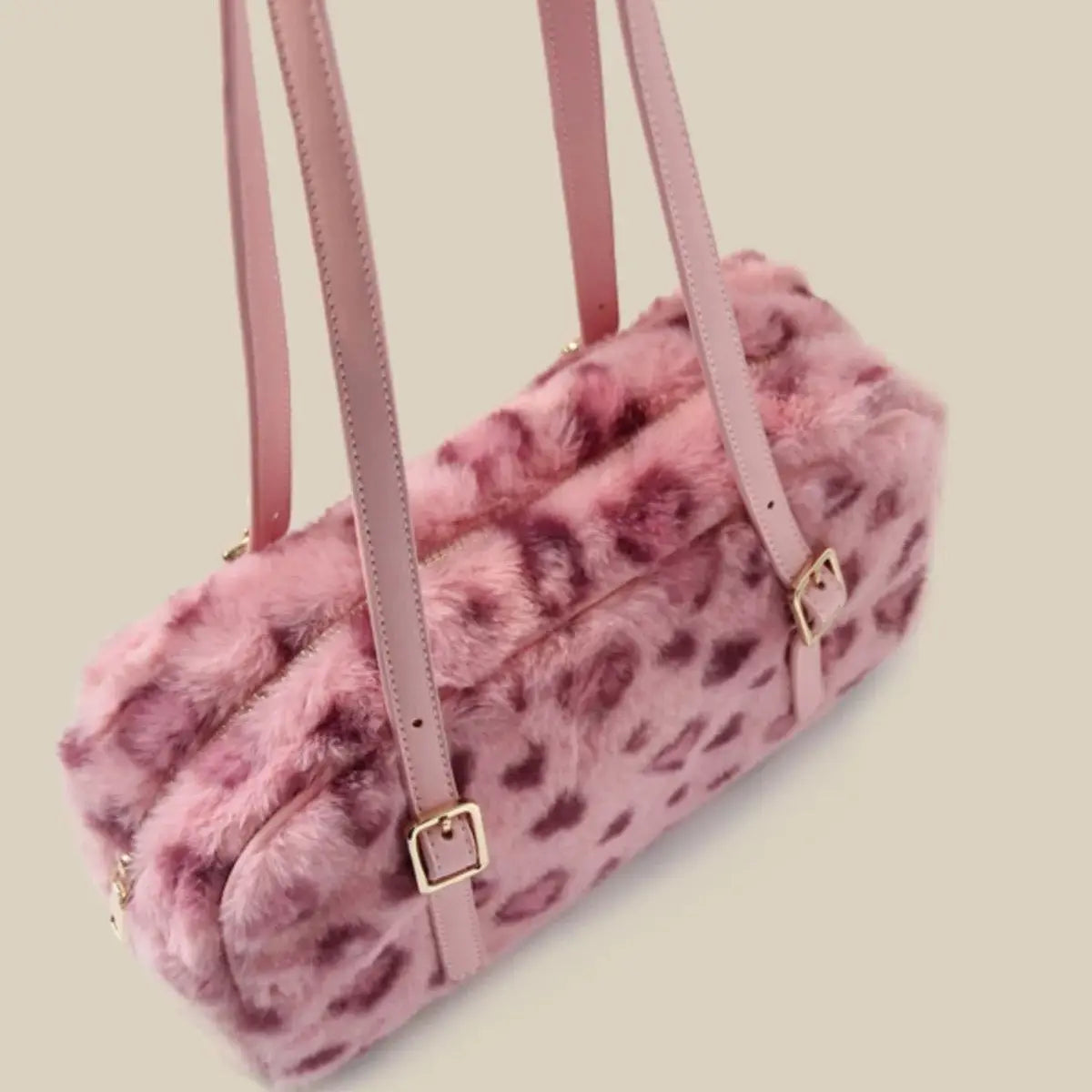 Y2K Furry Pink Leopard Print Plush Shoulder Handbag