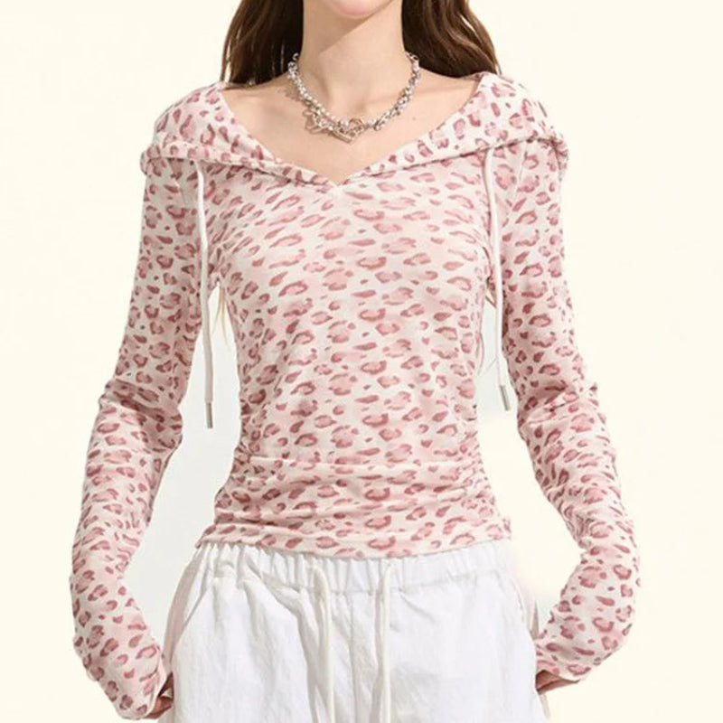 Y2K Sexy Cropped Slim Pink Leopard Print Hooded Long Sleeve Top