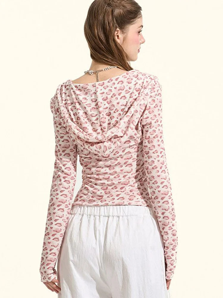 Y2K Sexy Cropped Slim Pink Leopard Print Hooded Long Sleeve Top