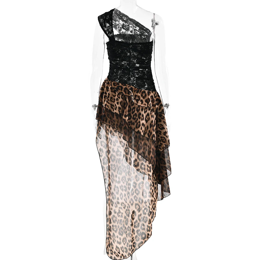 Y2K Sheer Patchwork Leopard Print Lace Off Shoulder Ruffle Mini Dress