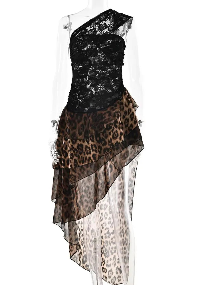 Y2K Sheer Patchwork Leopard Print Lace Off Shoulder Ruffle Mini Dress