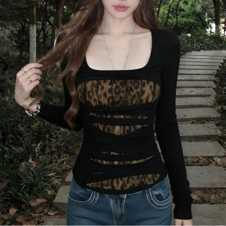 Y2K U Neck Bodycon Hollow Out Leopard Print Long Sleeve Top