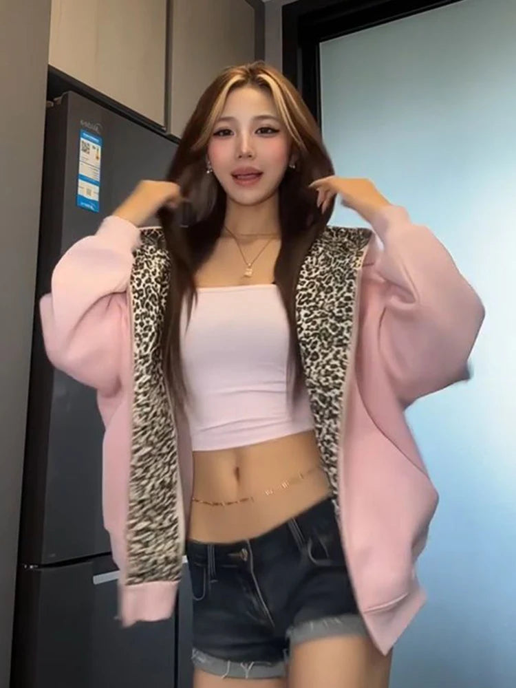 Y2K Vintage Pink Leopard Print Lined Zip Up Hoodie