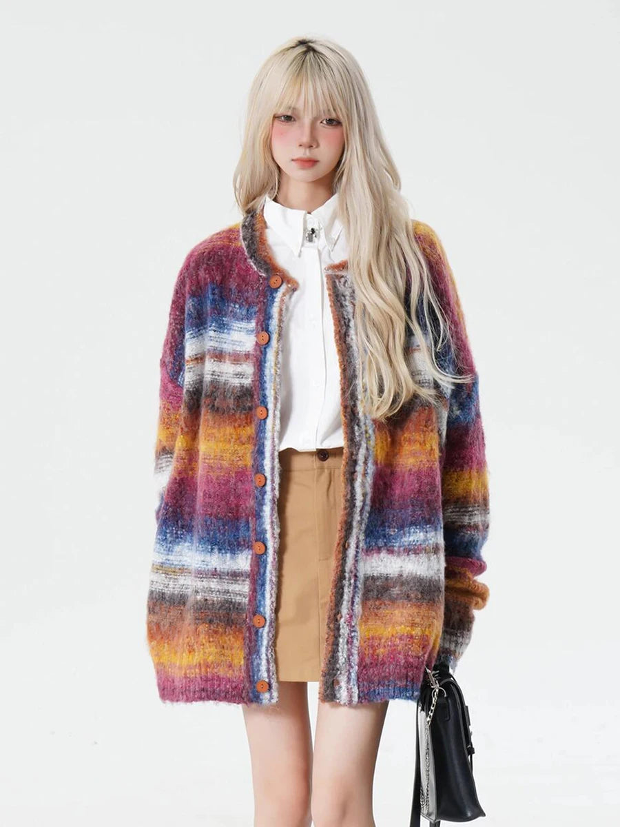 Y2k Colour Block Striped Cardigan Sweater