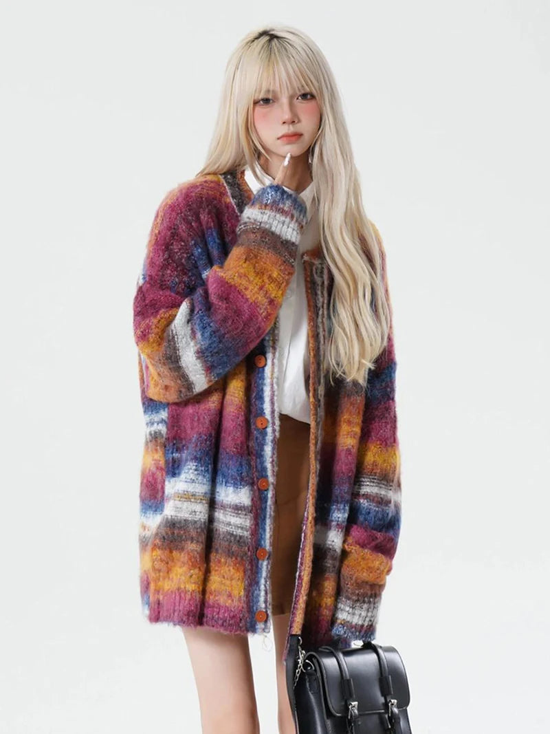 Y2k Colour Block Striped Cardigan Sweater