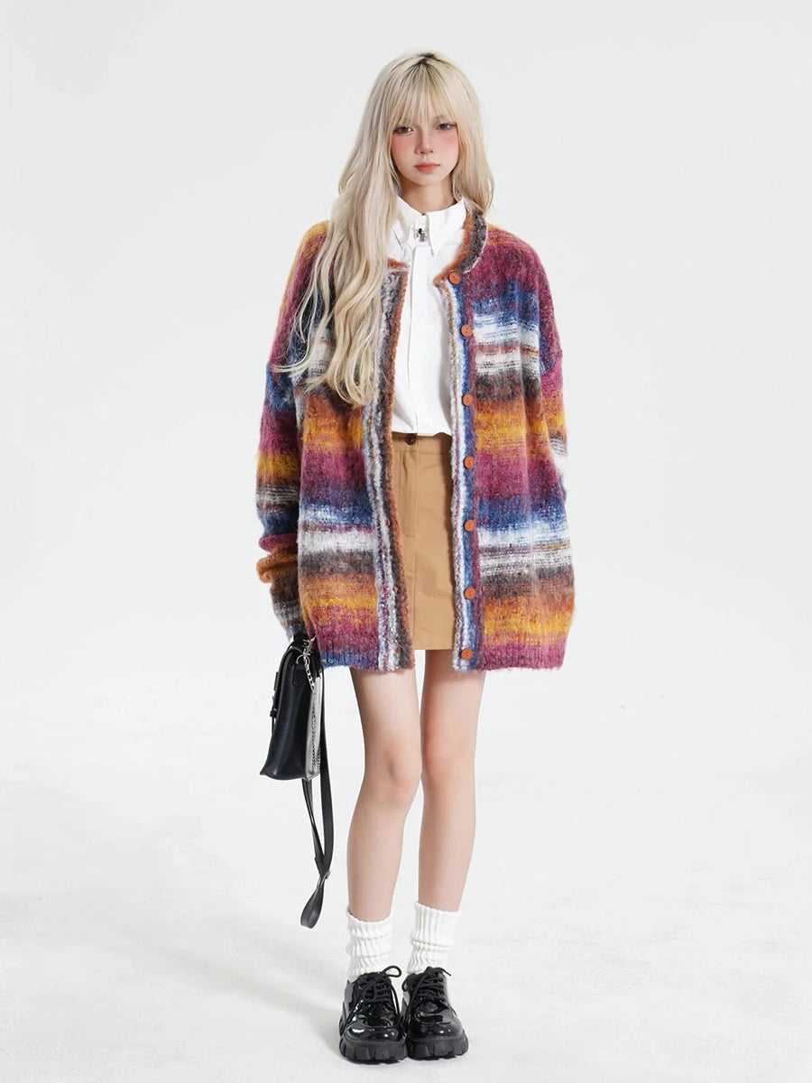 Y2k Colour Block Striped Cardigan Sweater