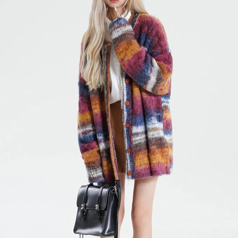 Y2k Colour Block Striped Cardigan Sweater