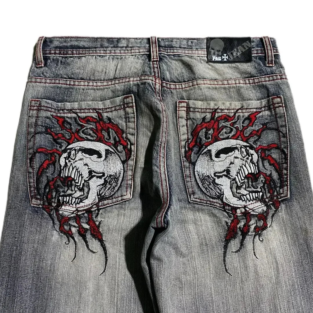 VTG Y2K Matte 2024 Jeans Embroidered Studded Skull Men's 42x32 Skater Jeans RAR