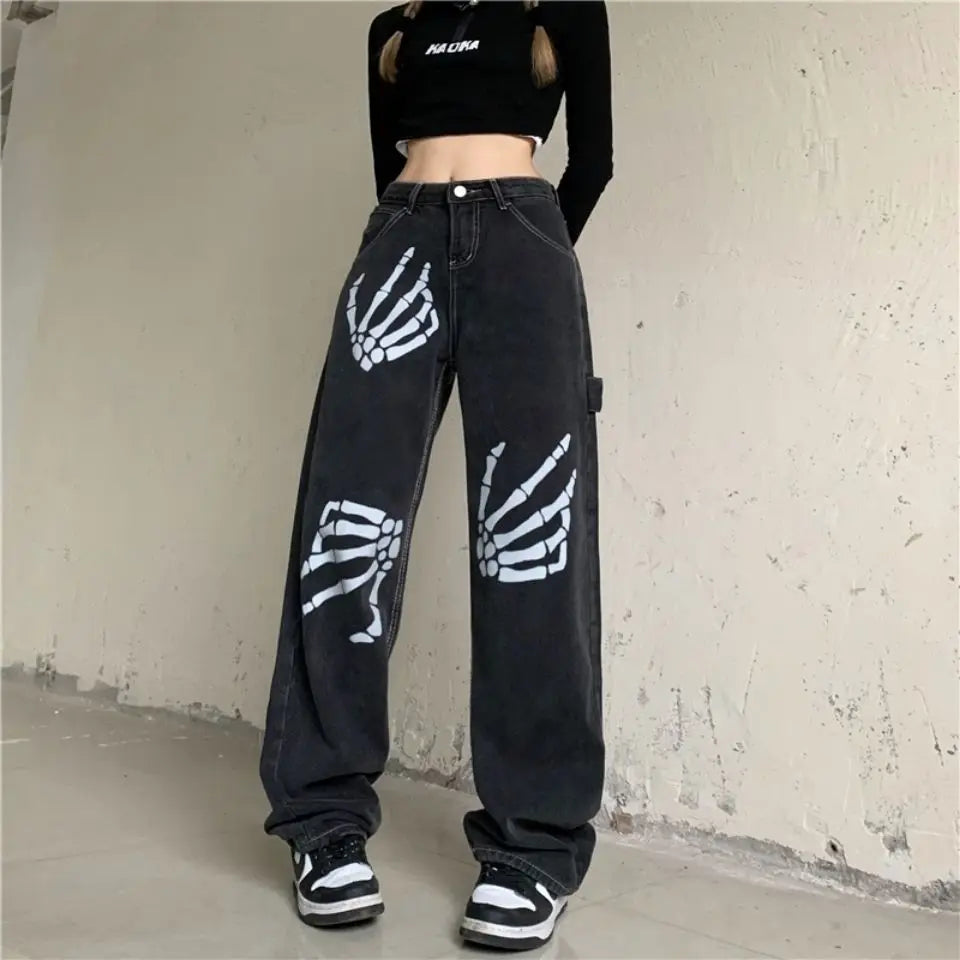 Y2k Skeleton Hands Graphic Baggy Jeans