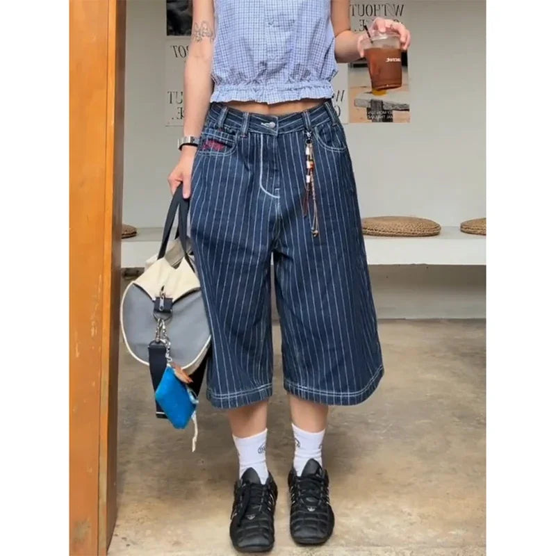 Y2k Womens Blue Long Striped Denim Shorts Jorts