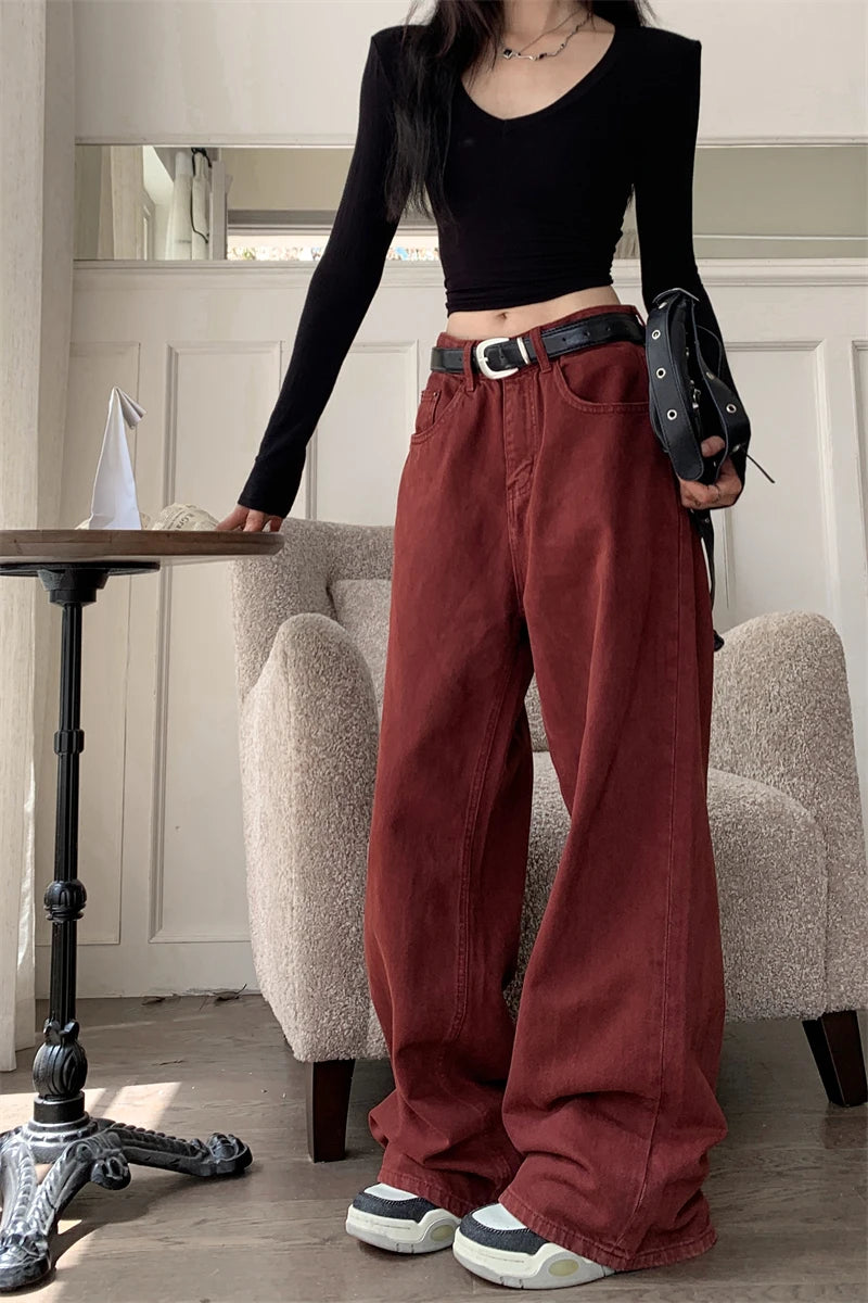 90s Style Y2K Red Baggy Denim Jeans