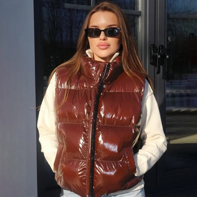 Autumn Brown Y2K Stand Collar Puffer Jacket Gilet Coat