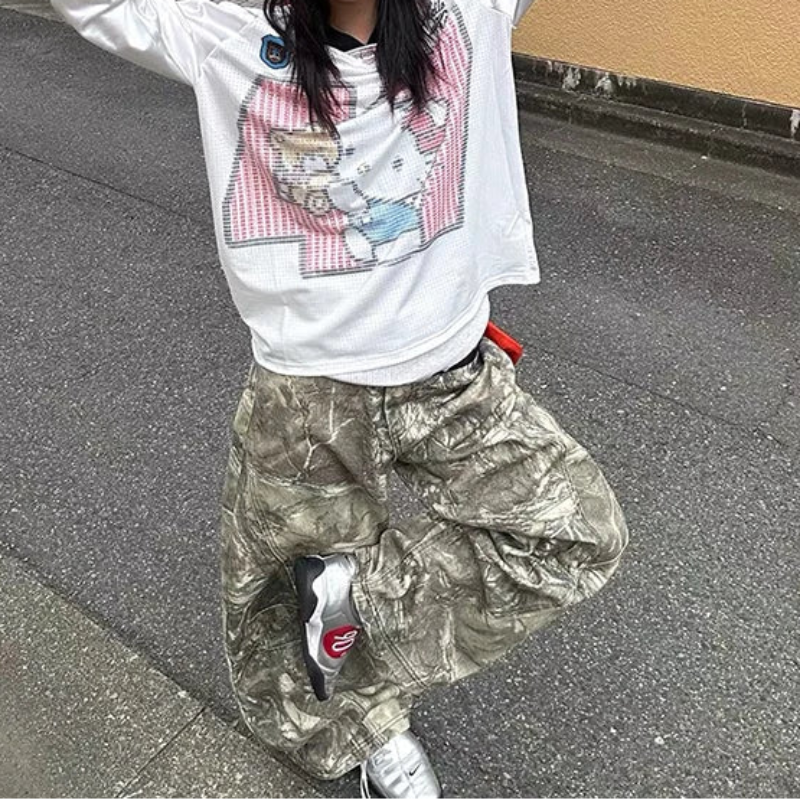 Baggy Y2K Pink Embroidered Camouflage Jeans