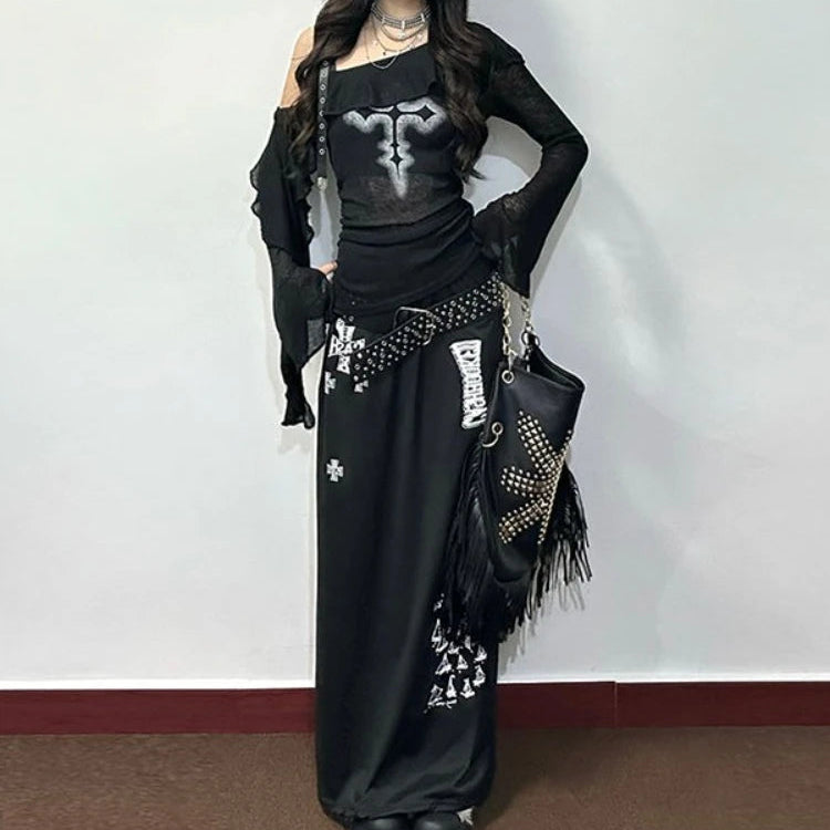 Black Y2K Gothic Cross Off Shoulder Long Sleeve Top