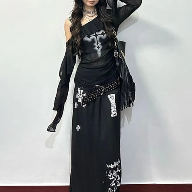 Black Y2K Gothic Cross Off Shoulder Long Sleeve Top