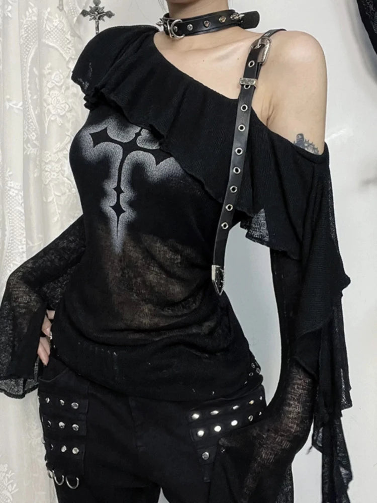 Black Y2K Gothic Cross Off Shoulder Long Sleeve Top