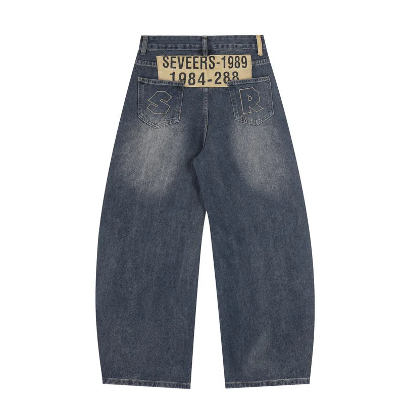 Blue Y2K Embroidered Patchwork Baggy Barrel