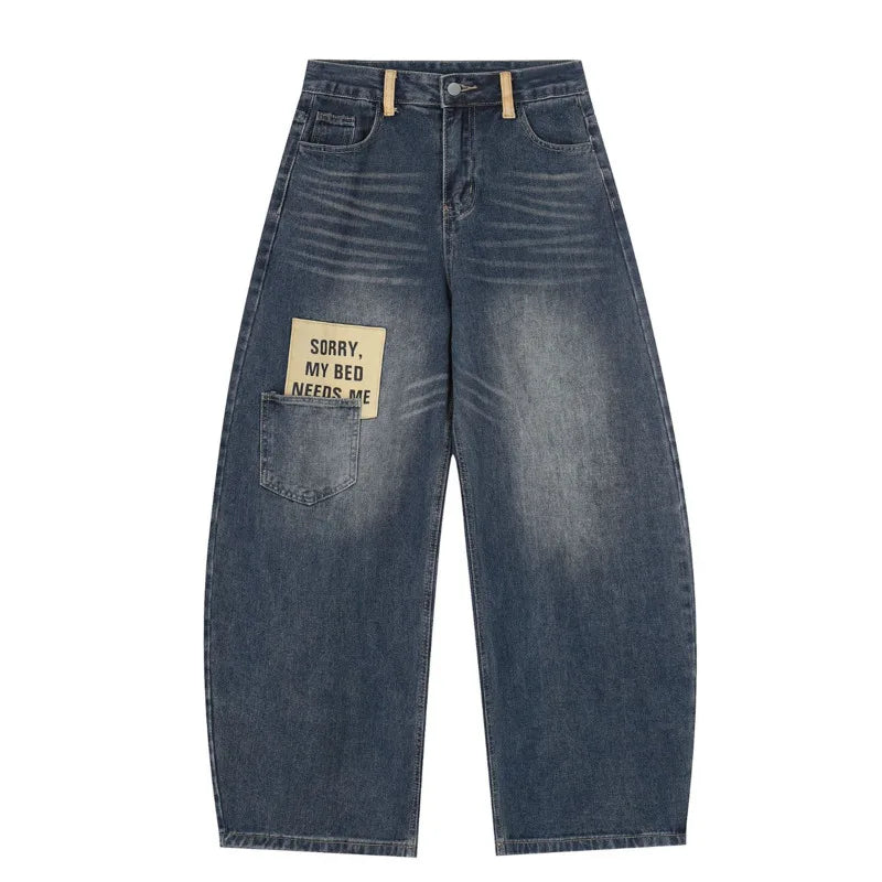 Blue Y2K Embroidered Patchwork Baggy Barrel