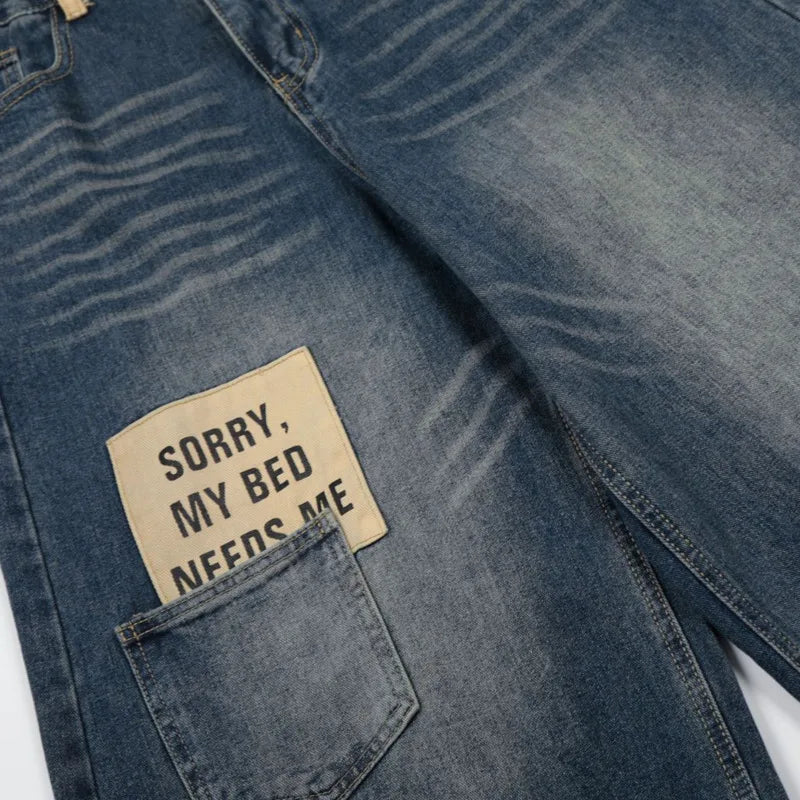 Blue Y2K Embroidered Patchwork Baggy Barrel
