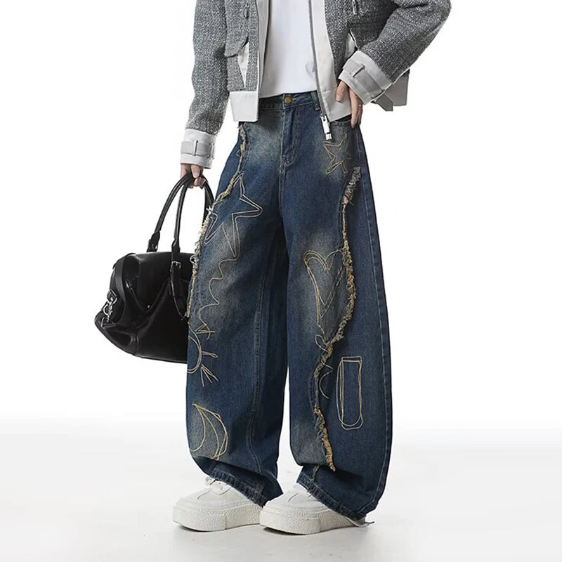 Blue Y2K Raw Edge Embroidered Graphic Baggy Jeans