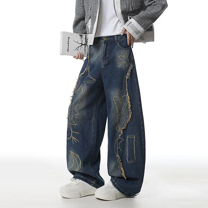 Blue Y2K Raw Edge Embroidered Graphic Baggy Jeans