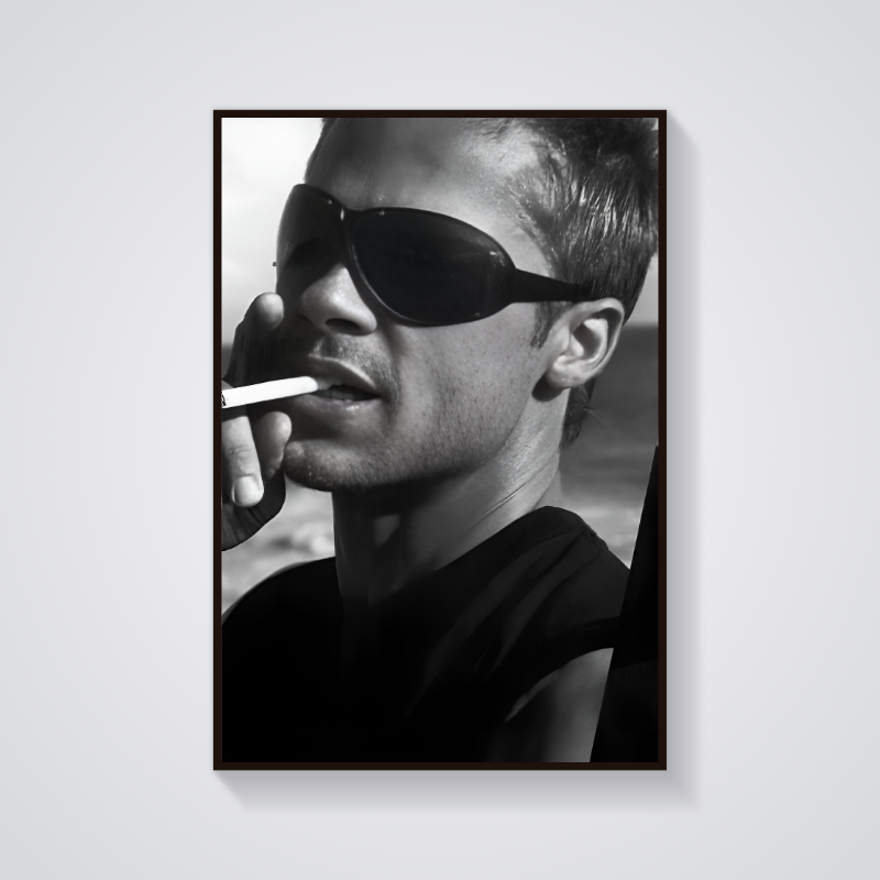 Y2K Brad Pitt Smoking Greyscale Poster