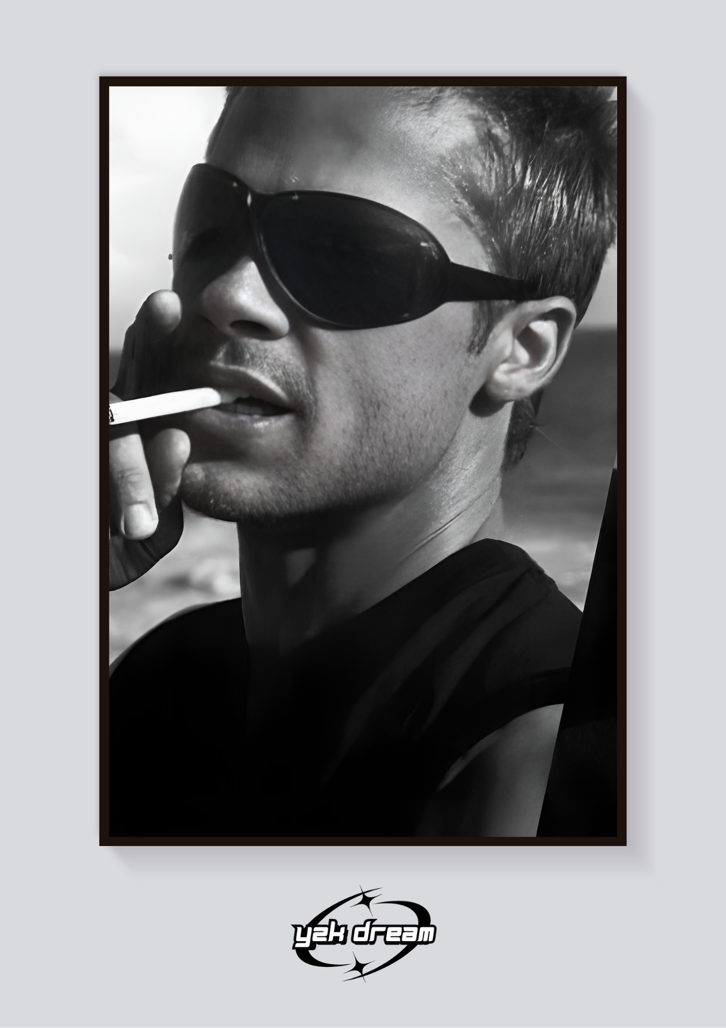 Y2K Brad Pitt Smoking Greyscale Poster