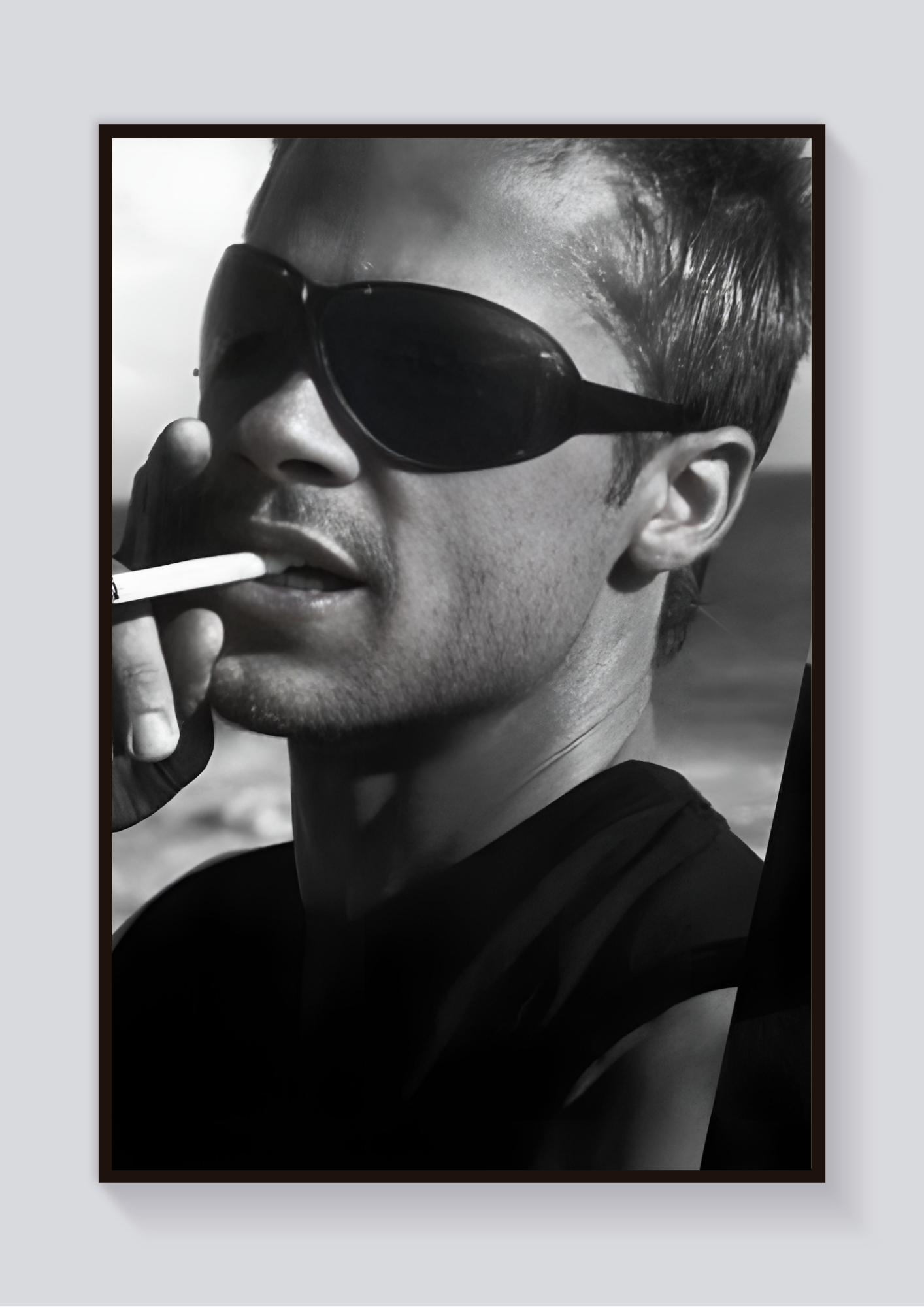 Y2K Brad Pitt Smoking Greyscale Poster