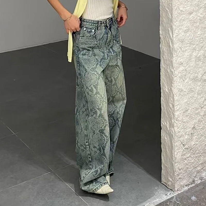 Chic Snake Print Graphic Y2K High Waist Baggy Jeans