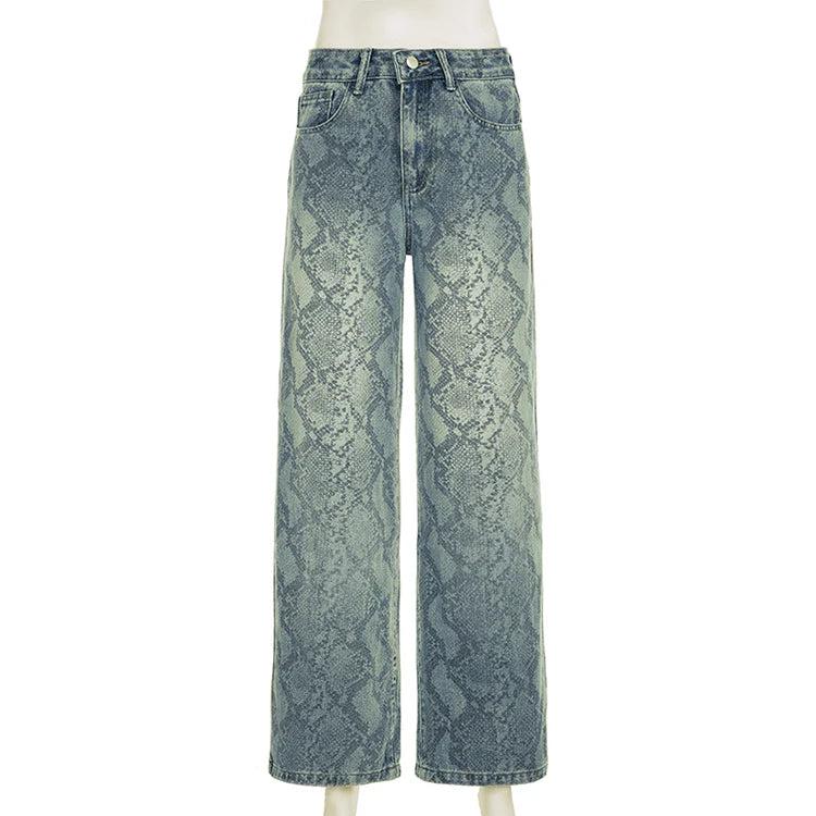 Chic Snake Print Graphic Y2K High Waist Baggy Jeans