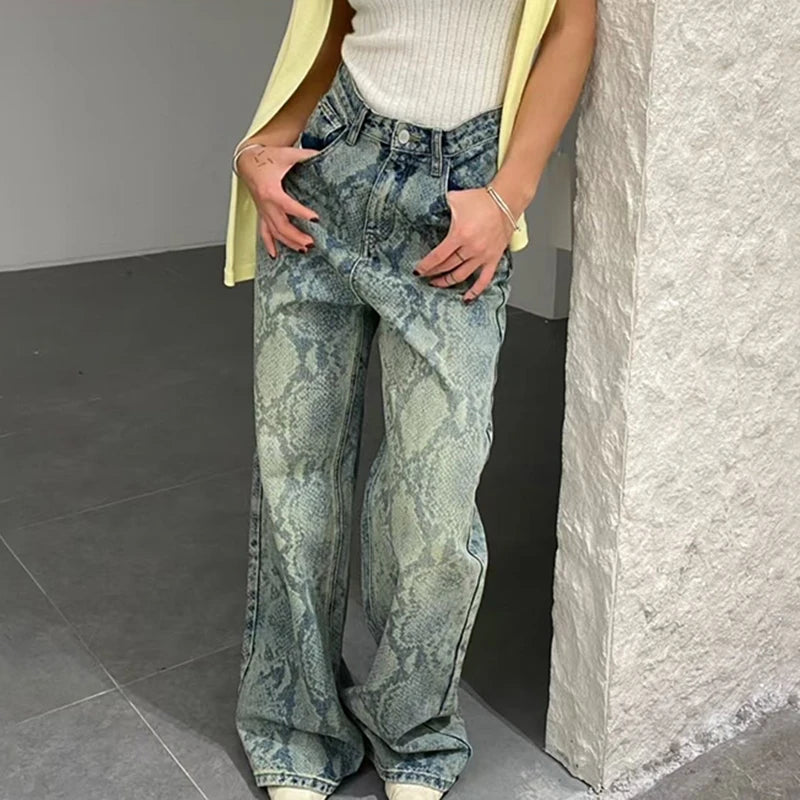 Chic Snake Print Graphic Y2K High Waist Baggy Jeans