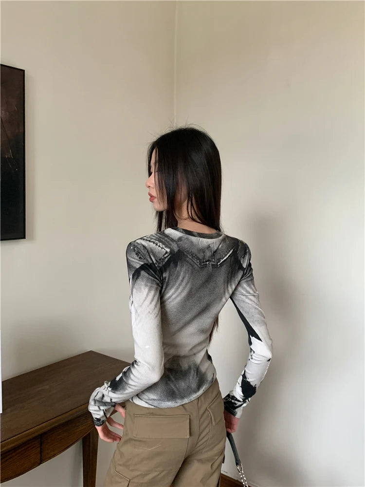 Cyber Y2K Armour Graphic Mesh Long Sleeve Top