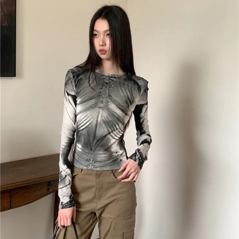 Cyber Y2K Armour Graphic Mesh Long Sleeve Top