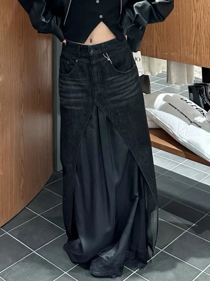 Dark Core Y2k Grunge Denim Maxi Skirt