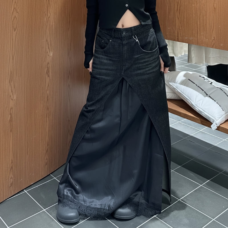Dark Core Y2k Grunge Denim Maxi Skirt