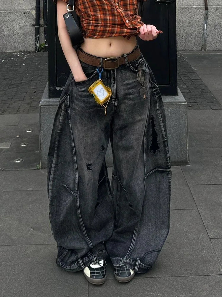 Dark Y2K High Waisted Baggy Barrel Jeans