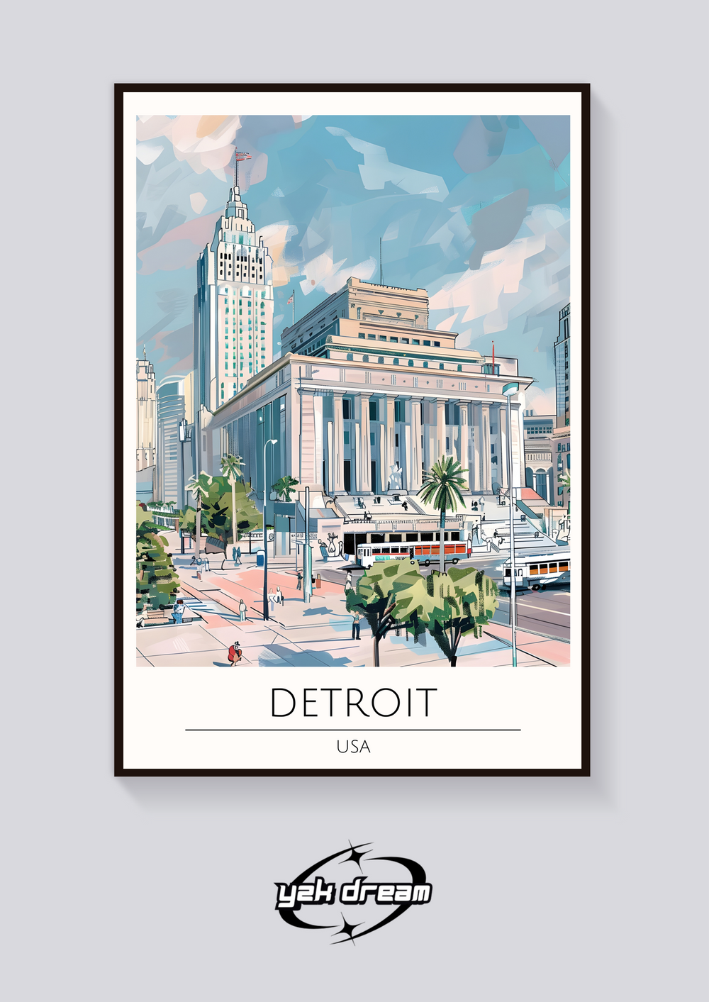 Detroit Travel Poster - Art Deco Cityscape Wall Art Print