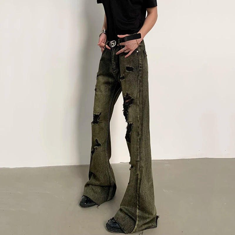 Distressed Contrast Colour Y2K Mens Denim Flared Jeans