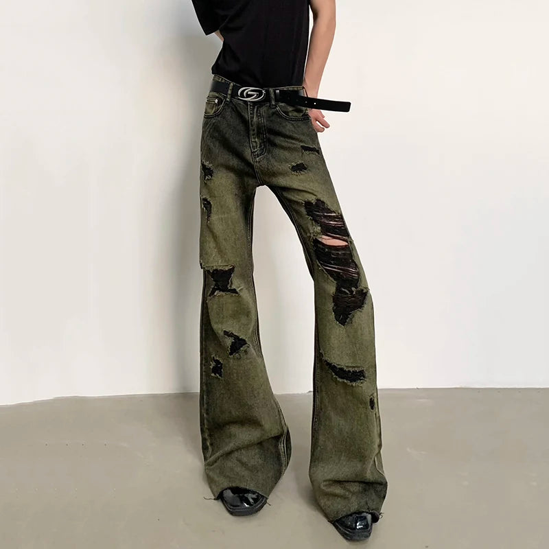 Distressed Contrast Colour Y2K Mens Denim Flared Jeans