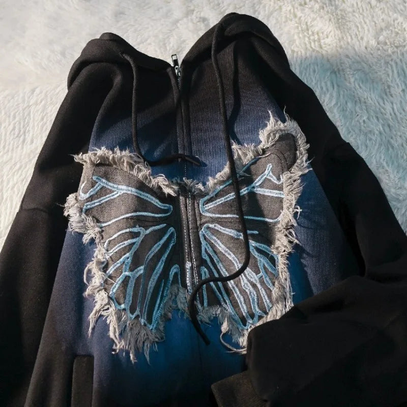 Embroidery Butterfly Y2K Oversized Comfy Fit Zip Up Hoodie