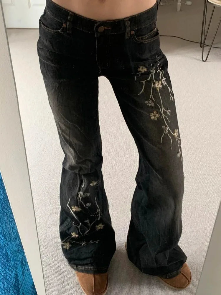 Floral Embroidered Y2K Vintage Flared Jeans